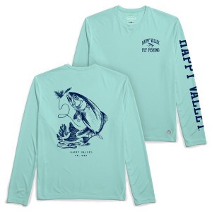 long sleeve performance t-shirt with Happy Valley Fly Fishing on left chest, Happy Valley down left sleeve, and trout with fly and line graphic on back